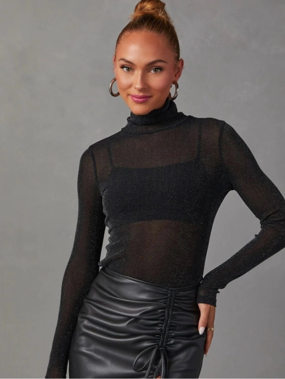 Nightfall Mock Neck Long Sleeve Top - Black / Size MEDIUM